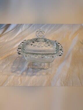 2/60$ Indiana Glass Clear Pressed Glass Covered Candy Dish with Pedestal